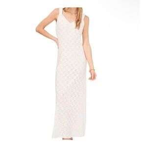 1. State Long V Neck Ivory White Eyelet Swim Cover Up Dress Sz Lg Side Slits NWT